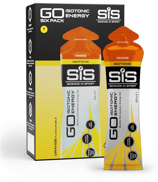 Kartonnen verpakking met twee SiS GO Isotonische Energie Gels in sinaasappelsmaak.