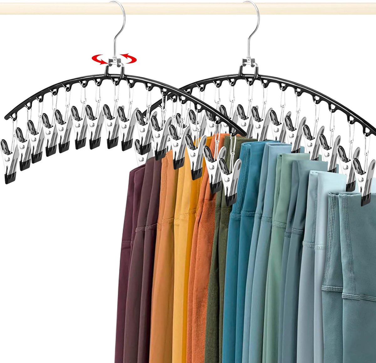 SnelShoppen - 2 Pcs Leggings Organizer voor Kasten, 360° Draaiende Haken met 30 Clips voor Shorts/rokken/hoeden, Ruimtebesparende Broekhangers, Kledin