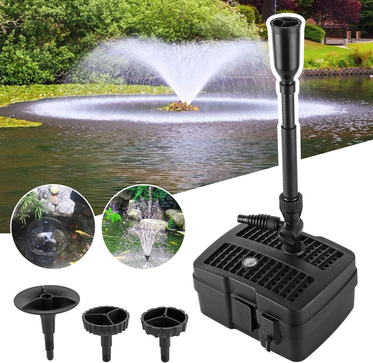 Thijox - 4-in-1 Vijverpomp, Fonteinpomp met Filter, UV-Zuiveraar, Waterspeelpomp, Beeklooppomp, 24 W, Voor Tuin en Fonteinvormgeving