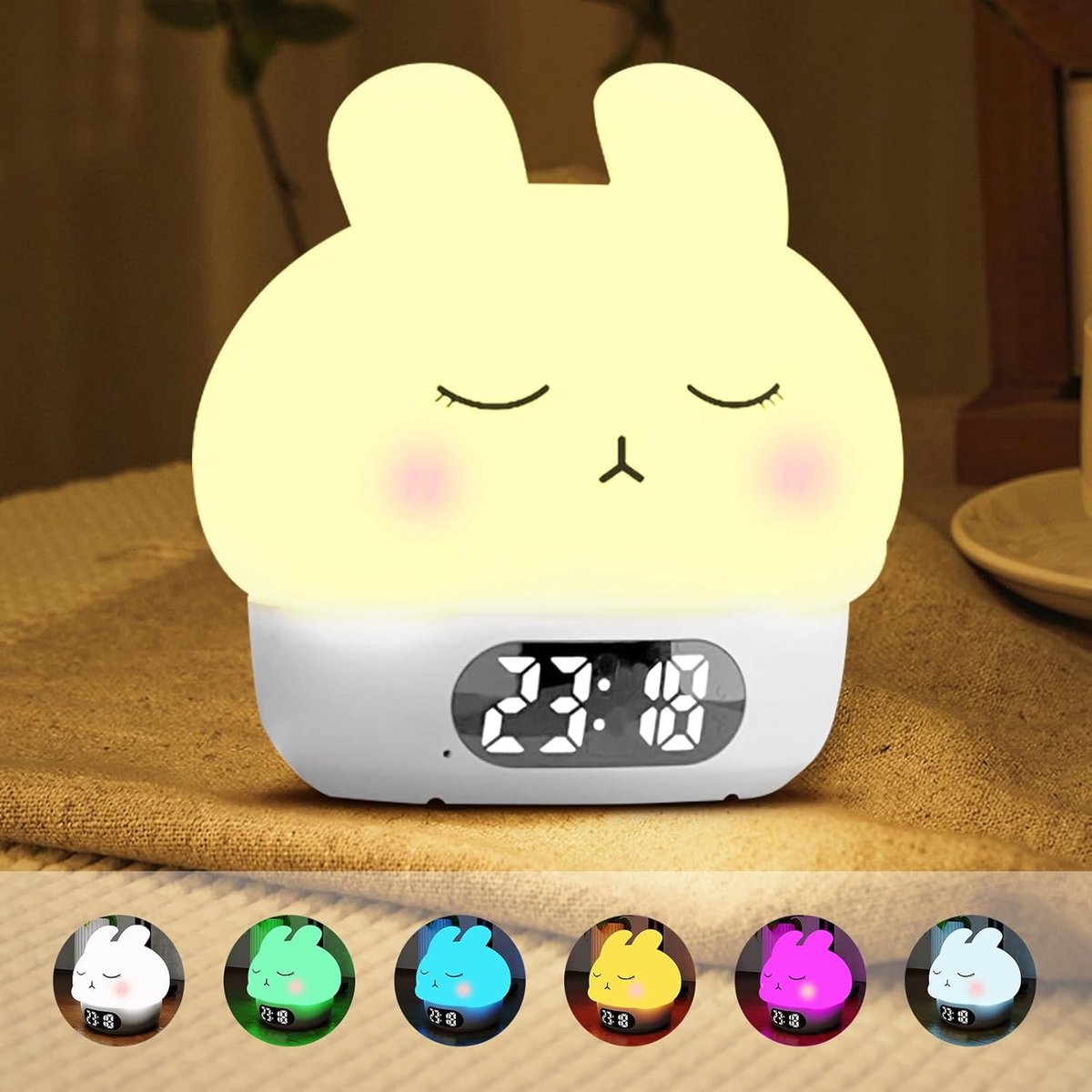 Thijox - Cuteefun Bunny Digitale Wekker met Licht, Oplaadbare Nachtlamp voor Kinderen, Dubbel Alarm, Snooze, 9 Kleurmodi, Dimbaar, Aanraaksensor, Perf