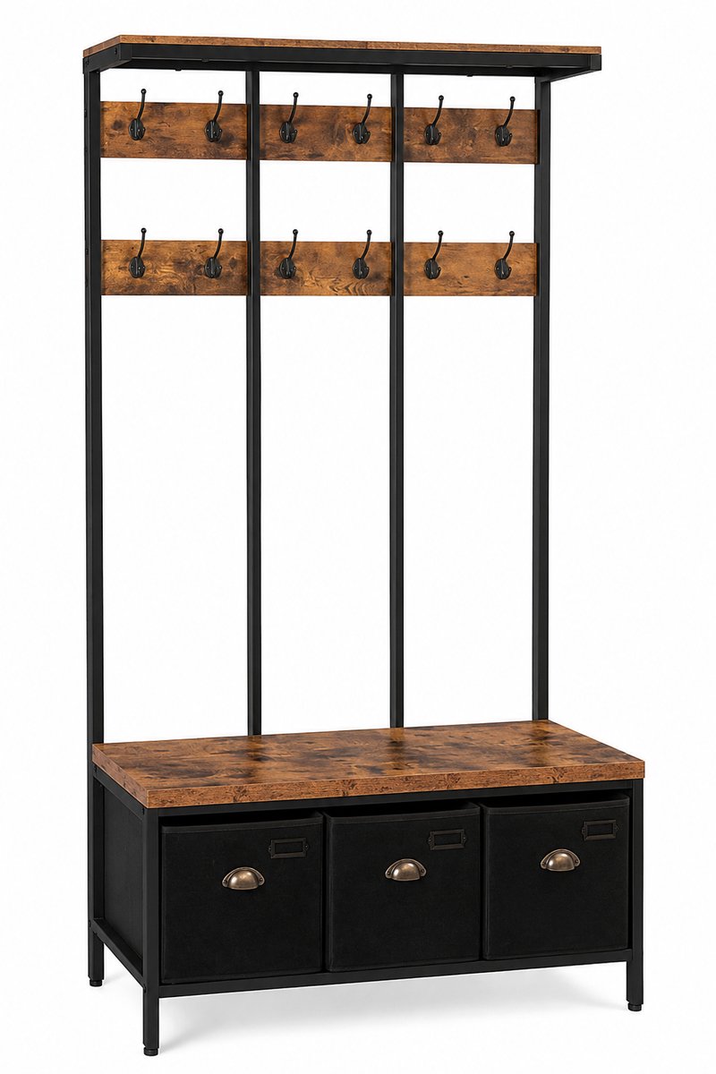 Home & Beyond® Kapstok met Zitbank, Opbergboxen en 12 Dubbele Haken - Halmeubel en Garderoberek - Zwart en Vintage Houtlook - 100 x 37 x 182 cm
