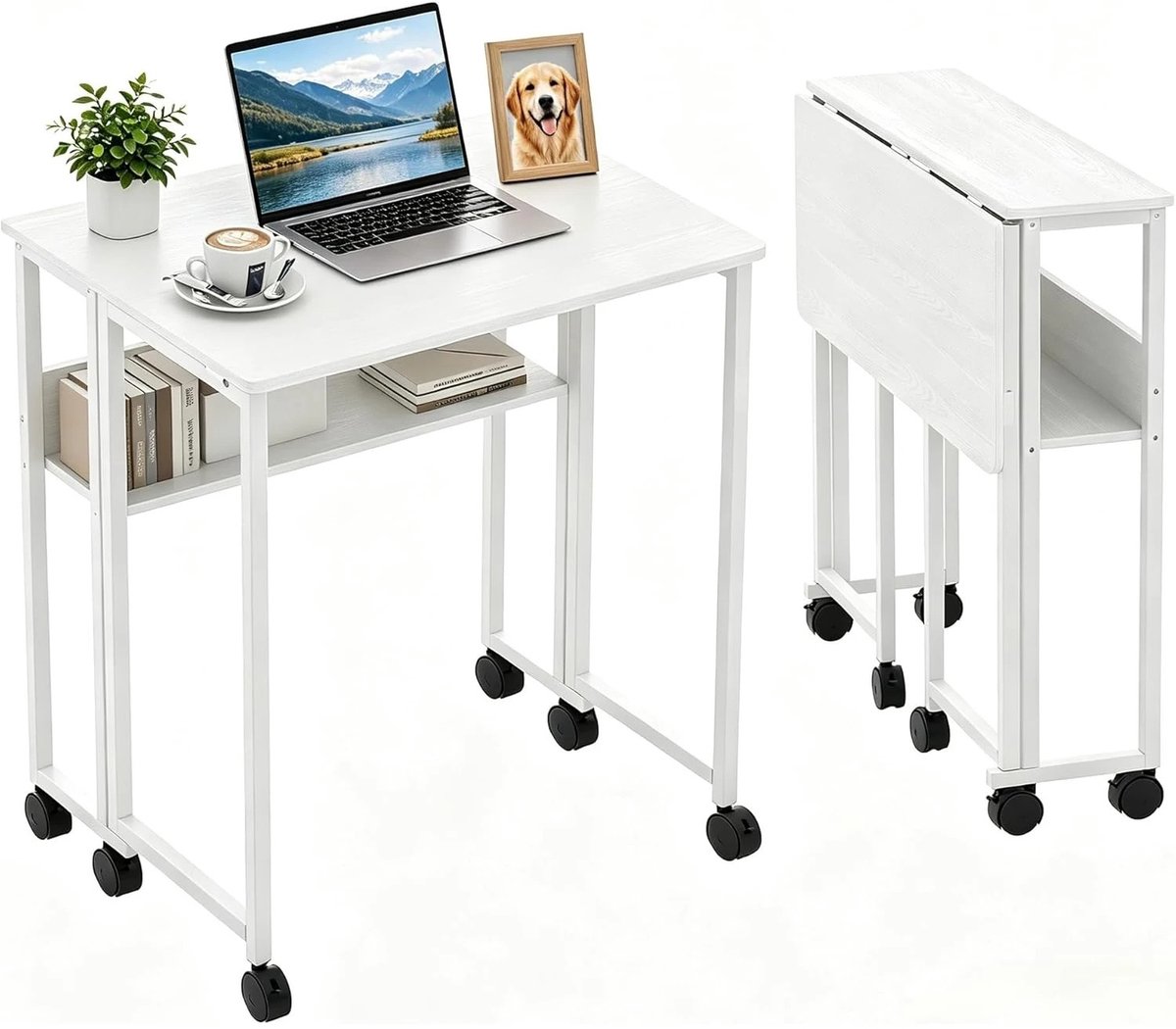 RosaBloom Opklapbaar Bureau - Computertafel - Bureau met Wieltjes - Studeertafel - Compact en Ruimtebesparend - Met Opbergvak - 63x50x75 cm - Wit
