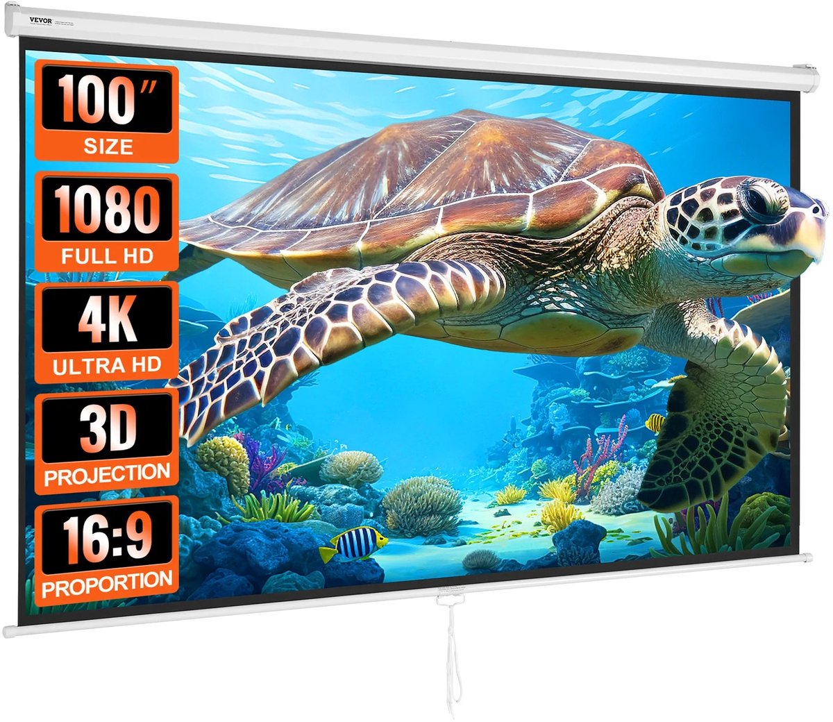 GDE - Projectiescherm 100 Inch – Handmatig Oprolbaar Beamerscherm – 16:9 – Geschikt voor 4K en Full HD 1080p – Wand- en Plafondmontage – Wit