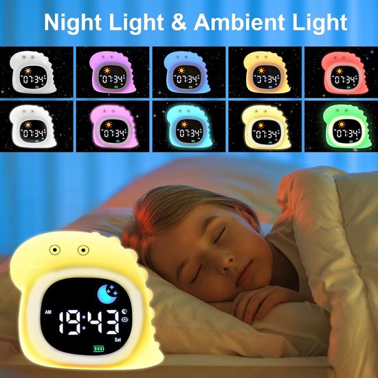 Kids Alarm Clock, Sunrise Alarm Clock with Night Light, LED Display Clock with Sleep Music Soothing Sounds, Snooze Function, 12/24H, 5 Adjustable Brightness for Bedroom, White Dinosaur — afbeelding 2