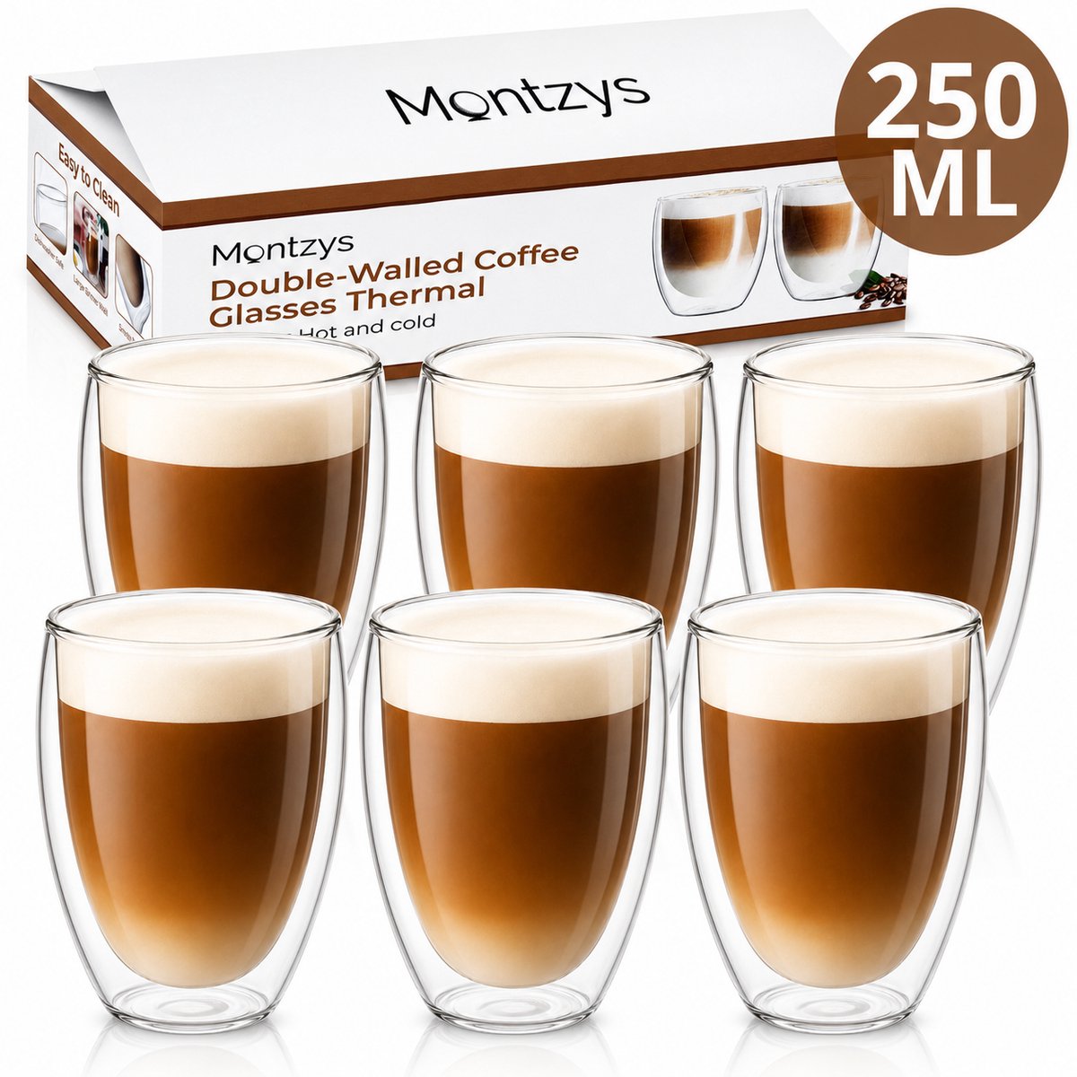 Montzys® Dubbelwandige Glazen 6 Stuks - 250ML - Koffieglazen & Theeglazen - Vaatwasserbestendig - Geschikt voor Cappuccino & Espresso