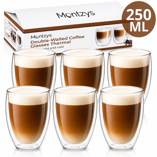 Montzys, 6 verres à double paroi, 250 ml, remplis de café.