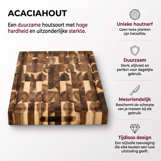 Acacia snijplank met unieke houtnerf patronen. Duurzaam en mesvriendelijk met een tijdloos design.