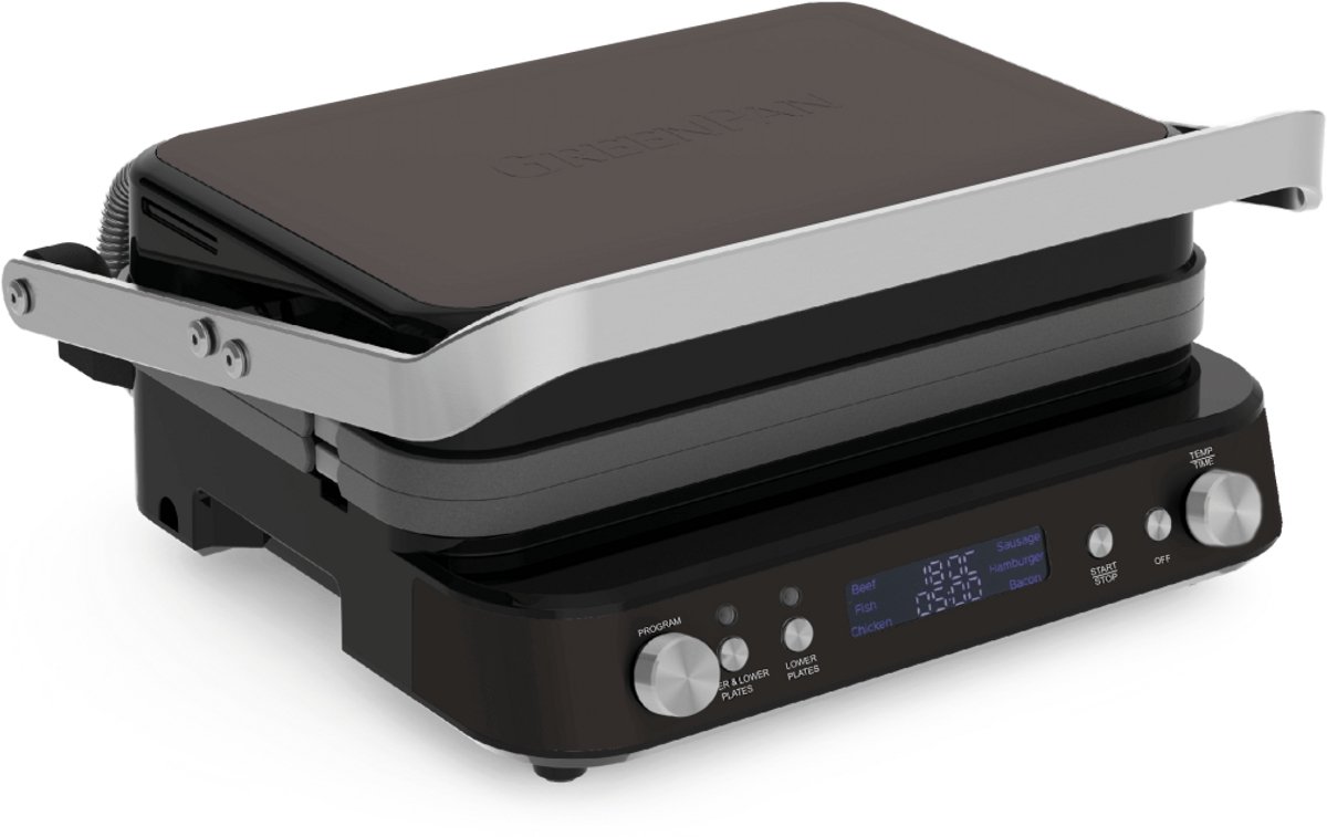 GreenPan Bistro Contactgrill Zwart - 2000W - PFAS-vrije antikleeflaag - Keramische antiaanbaklaag - Teppanyaki - Uitneembare platen - 180° uitvouwbaar