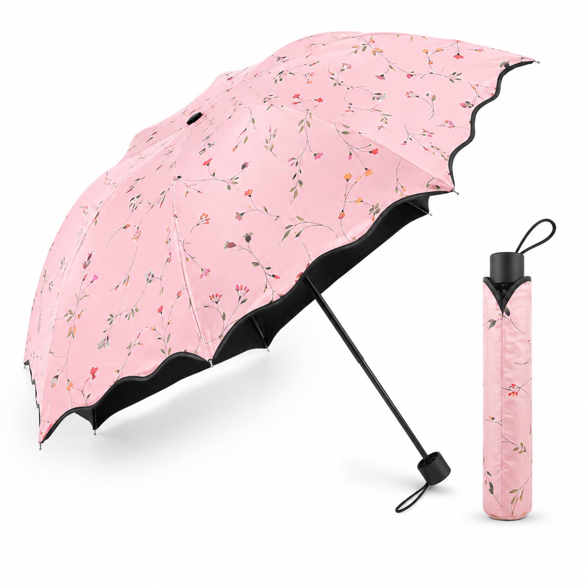 Opvouwbare Parasol met UV-bescherming 50+ - Lichtgewicht Zonnescherm met Elegant Bloemenpatroon - Compacte UV-Paraplu voor Dames - Roze