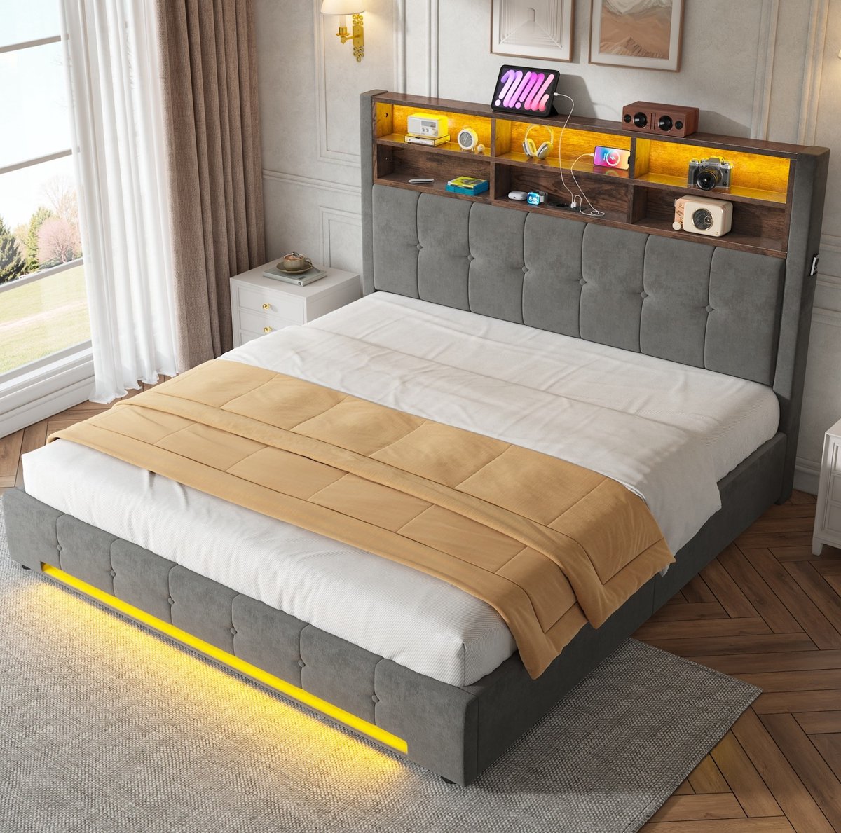 OKWISH Bed 180x200 cm - Tweepersoonsbed Met USB C en LED Verlichting - Hydraulische Opbergruimte - Zonder Matras - Fluweel en Metaal - Donkergrijs