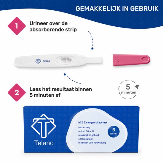 Instructies: urineer over de strip en lees het resultaat binnen 5 minuten af. Verpakking met 6 Telano zwangerschapstesten.