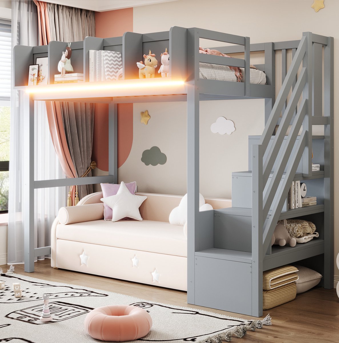 OKWISH Hoogslaper 90x200 cm - Met Ledverlichting en Veiligheidsreling - Met Opbergvakken en Ladder - Zonder Matras - Hout - Grijs
