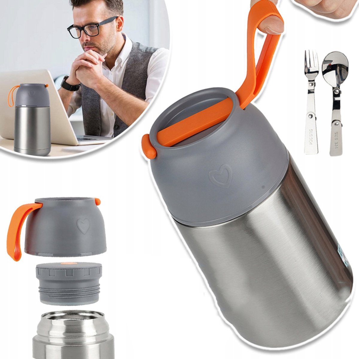 Geïsoleerde Voedselcontainer Van 650ml Met Siliconen Handvat - 304 Roestvrij Staal Lekvrij Deksel Anti-Kantelbodem - Houdt Maaltijden Urenlang Warm of Koud - Zilver