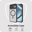 Zwarte ArmorElite hoes voor Google Pixel, met 'Military Grade' en 'Drop Protection' iconen.