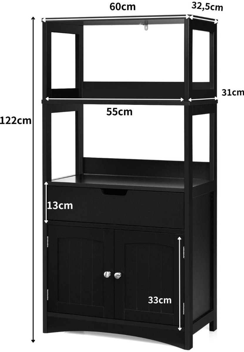 SureDeal® - Dressoir - Vrijstaande Badkamerkast Hoge - Badkamer - Deuren - Open Planken - 