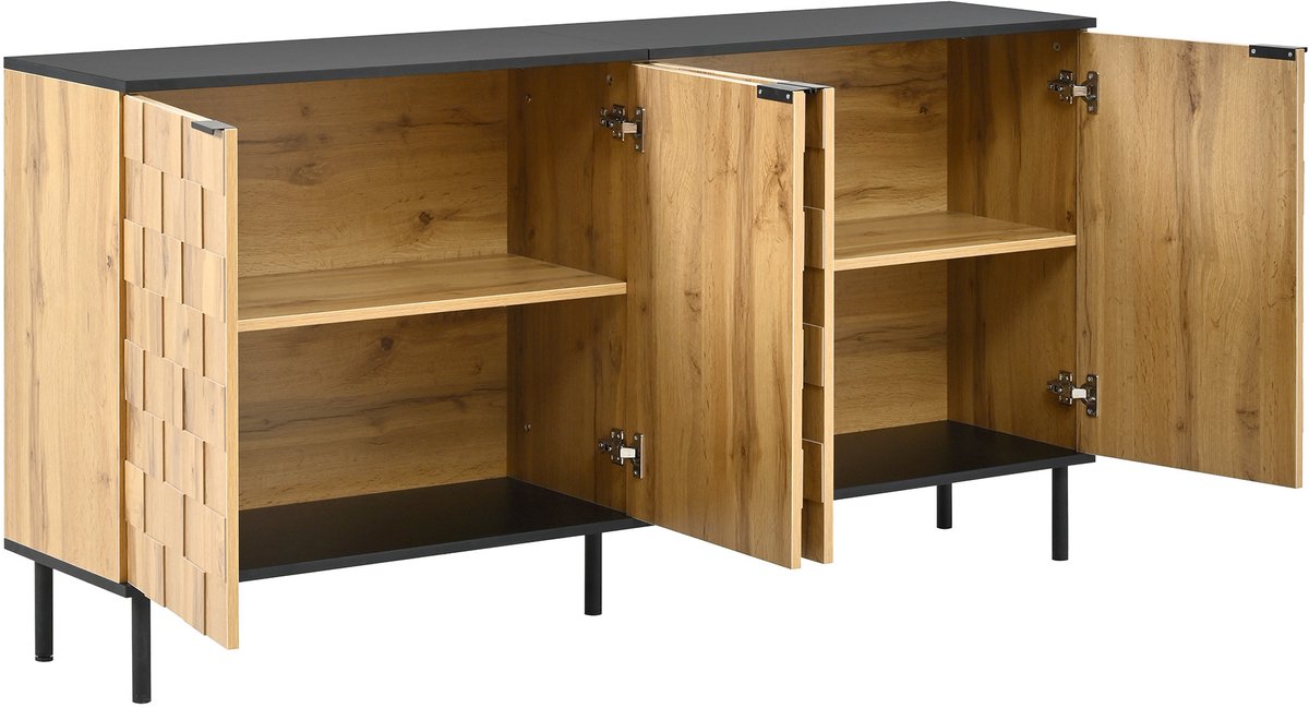 COVREO Sideboard met 2 deuren – Dressoir met vaste tussenplank – Opbergkast voor woonkamer en hal – 160x35x80,5 cm – Naturel en zwart