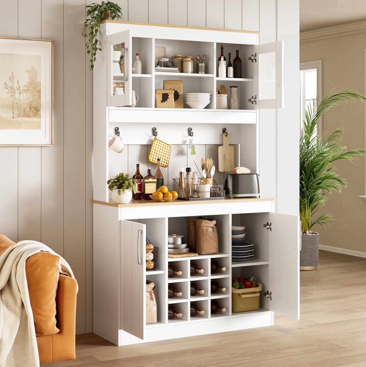 COVREO Keukenkast 106x39x175 cm - met glazen deuren, wijnrek, hakenlijst, wit en naturel