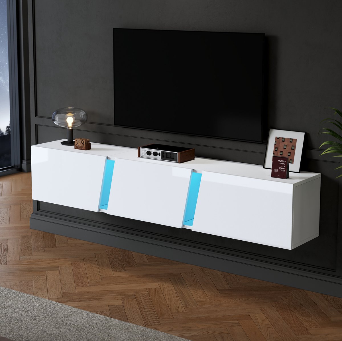 COVREO TV-meubel 180 x 35 x 30 cm - wandmontage, LED-verlichting, 3 klepdeuren, wit