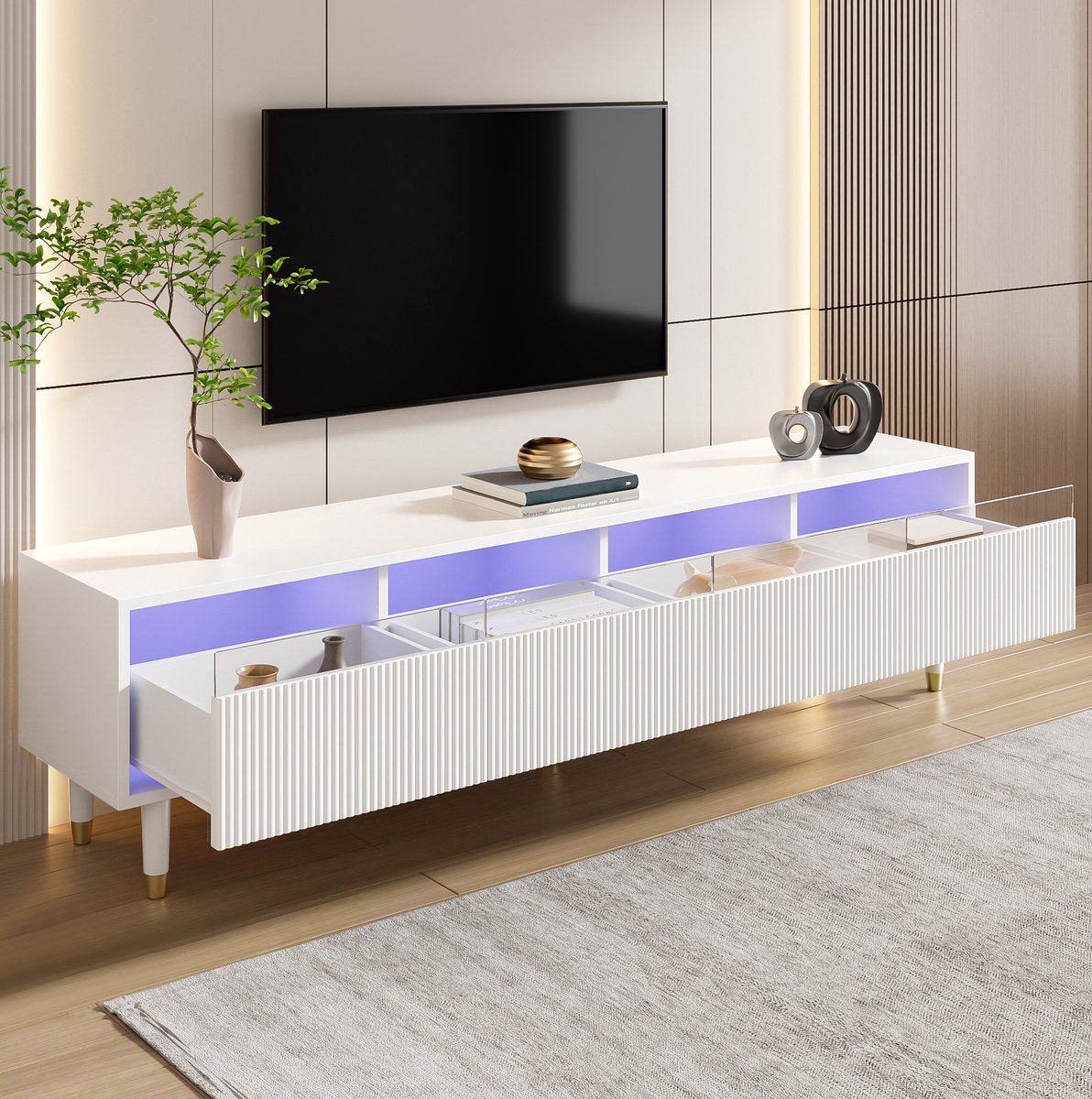 COVREO TV meubel 178 x 35 x 45 cm - 4 lades, kabelopeningen, MDF en acryl, wit