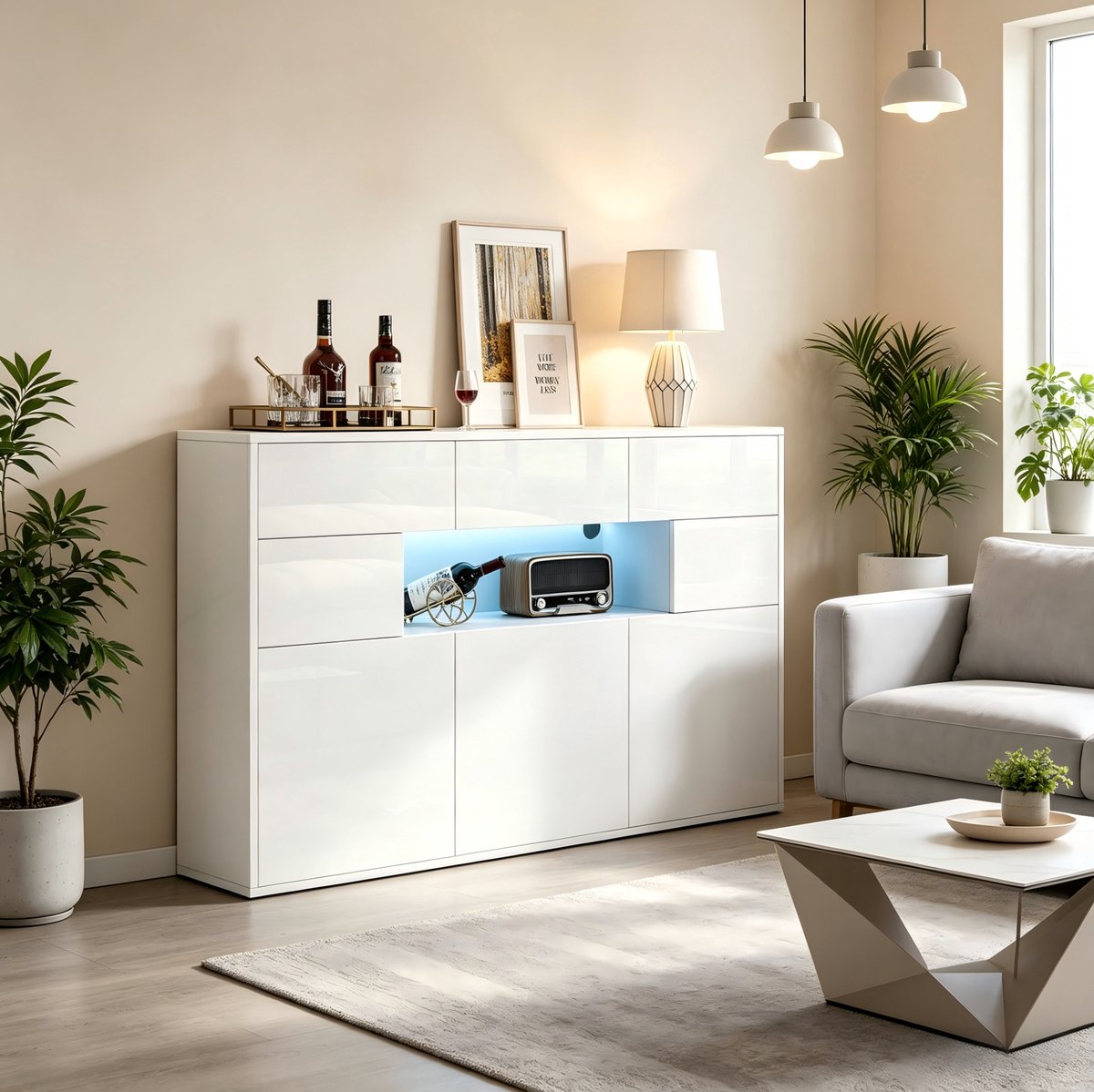 COVREO dressoir 140 x 30 x 82 cm - 3 lades, 5 vakken, LED verlichting, hoogglans wit