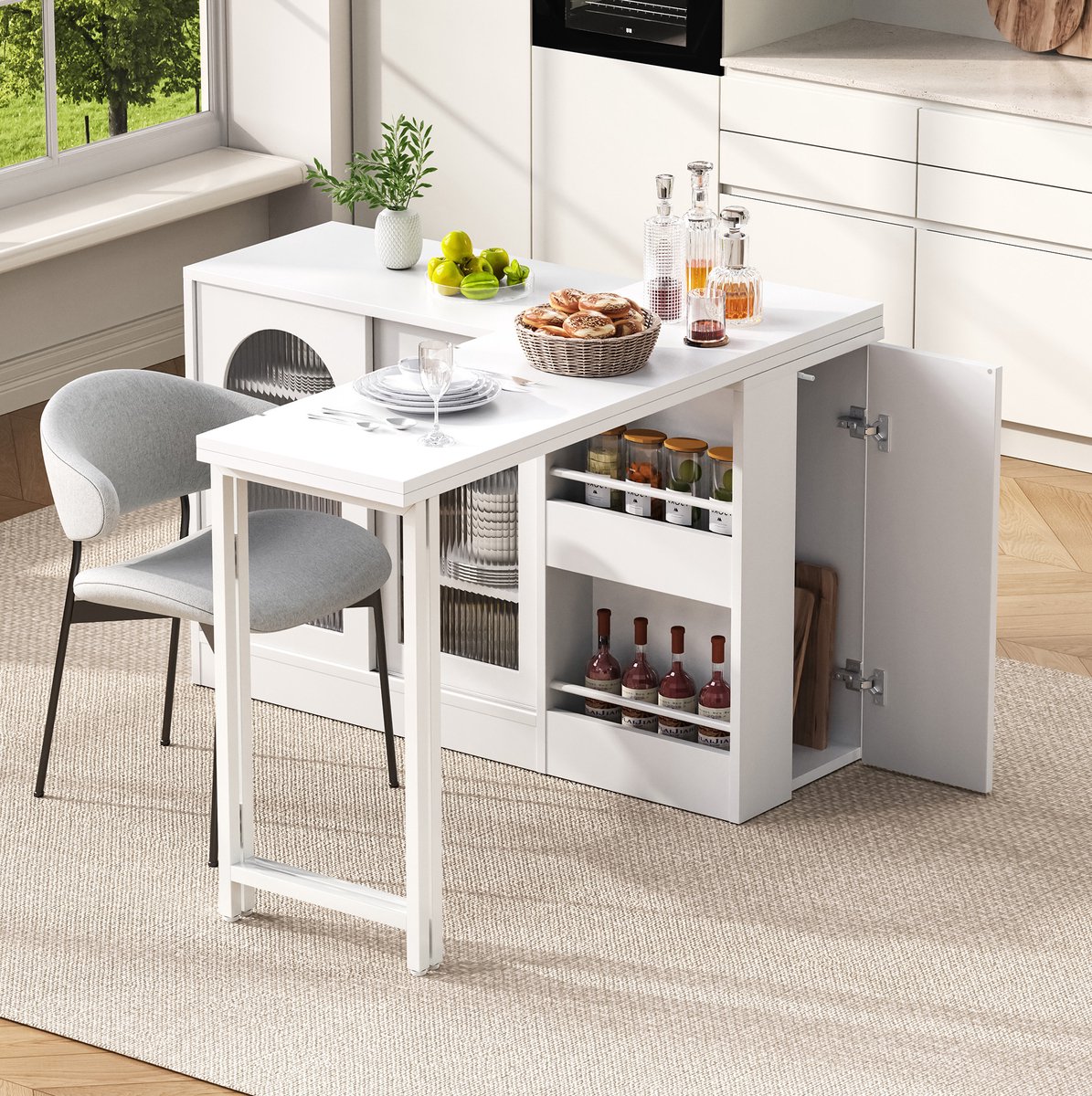 COVREO Bartafel 121,5 x 40 x 76,7 cm - uitschuifbaar, 360 graden draaibaar, met opbergruimte, wit