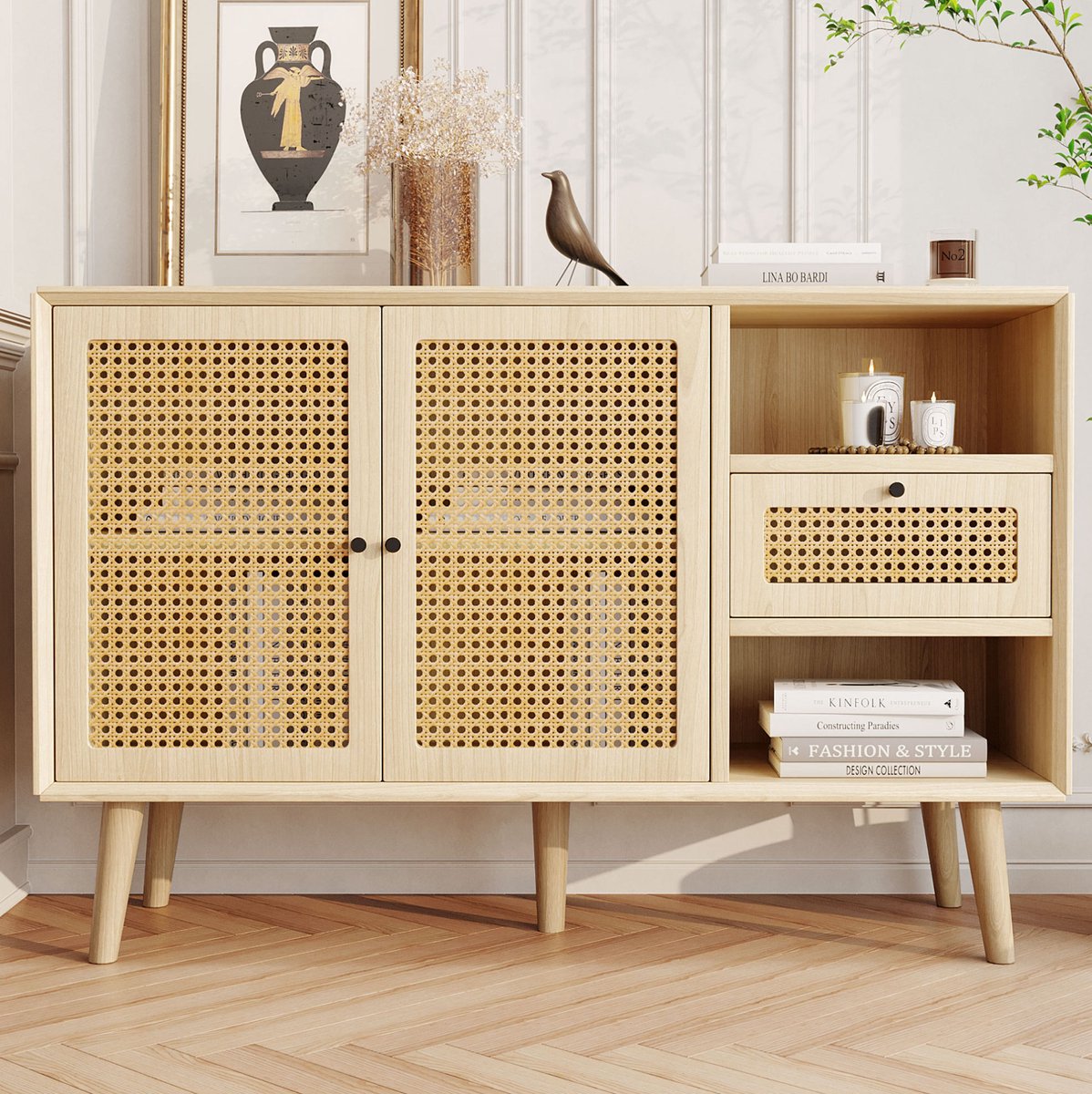 COVREO Dressoir 120x40x80 cm - 1 lade, 2 magnetische deuren, verstelbare planken, eiken