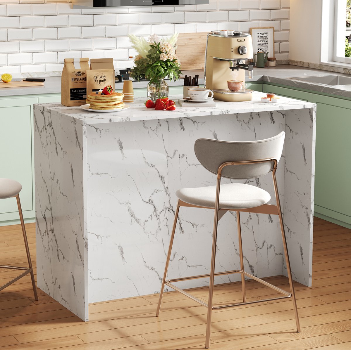 COVREO Keukeneiland 120 x 60 x 90,5 cm - 3 lades, 3 deuren, marmerlook fineer, wit