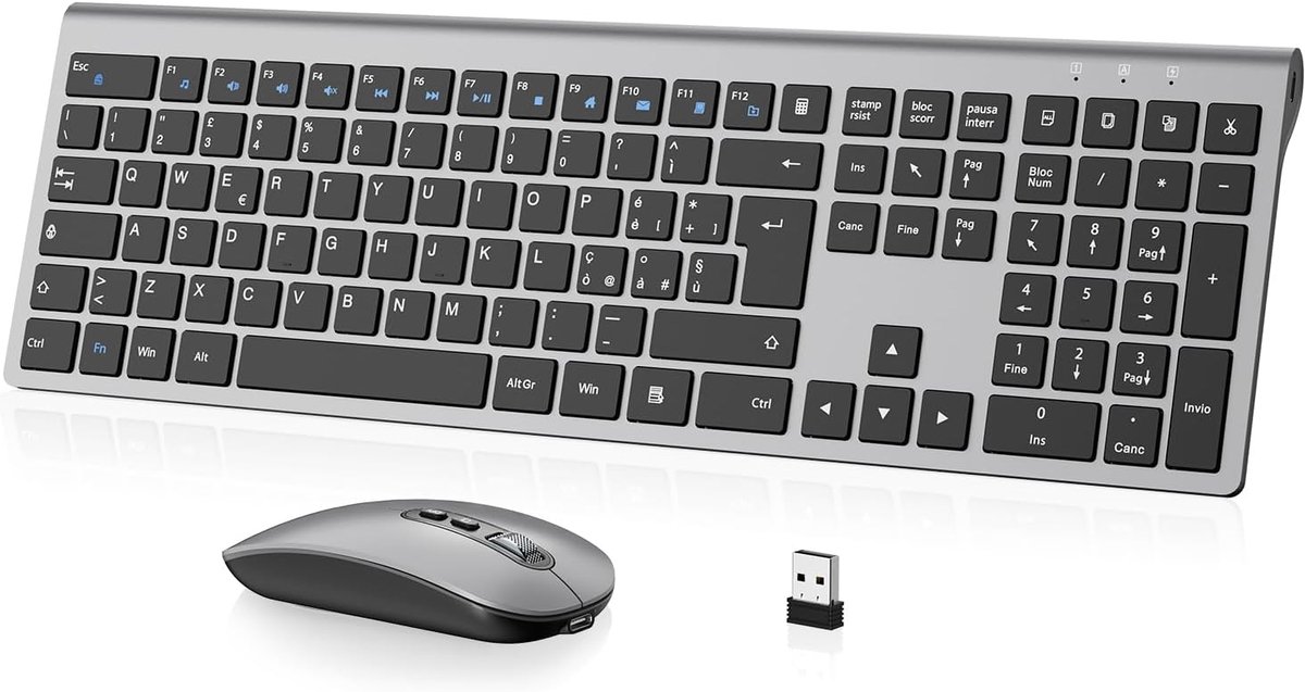 Thijox - Draadloos Toetsenbord en Muis Set, Oplaadbaar Ergonomisch Toetsenbord met Italiaanse QWERTY-Lay-out, Ultradun en Lichtgewicht voor Computer,