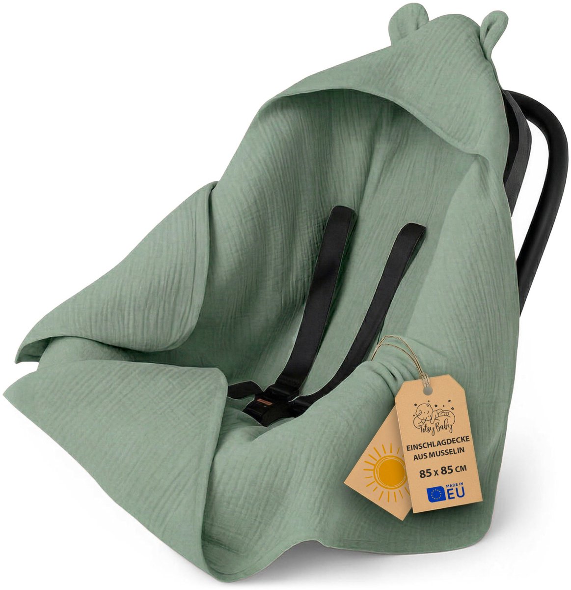 Mousseline babydeken – lichte ademende inbakerdeken autostoel met capuchon voor de zomer – temperatuurregulerend voor kinderwagen en pasgeborene 90×90 cm Salie Oeko-Tex