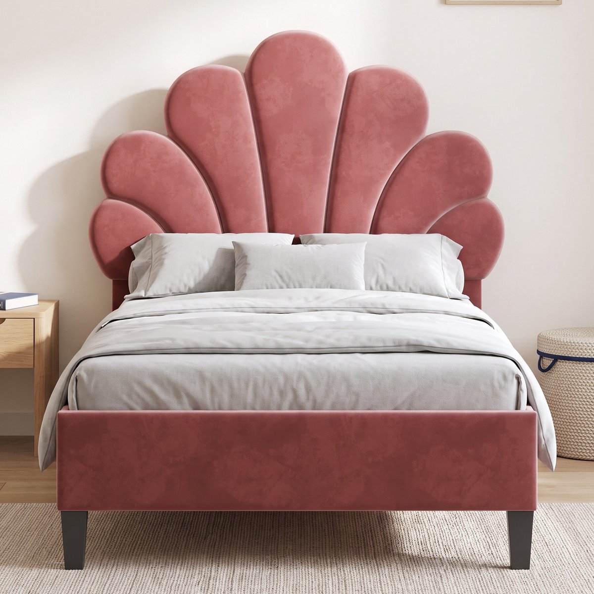 Gestoffeerd Fluwelen bed - Eenpersoonsbed 90x200 cm - Kinderbed met Verstelbaar bloemvormig hoofdbord en Lattenbodem - Roze