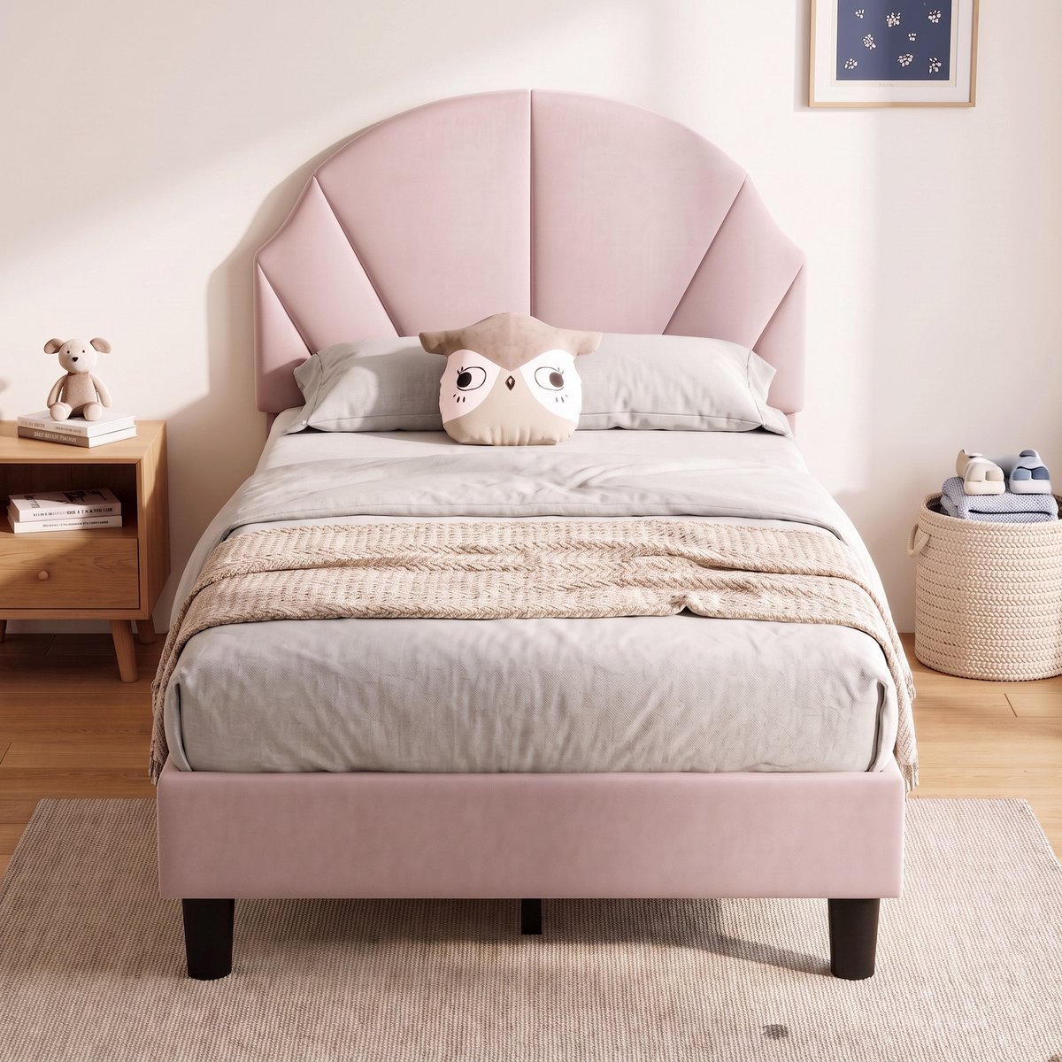 Gestoffeerd Eenpersoonsbed 90x190 cm - Kinderbed met verstelbaar schelpvorm hoofdbord - Fluwelen bed met Lattenbodem - Roze