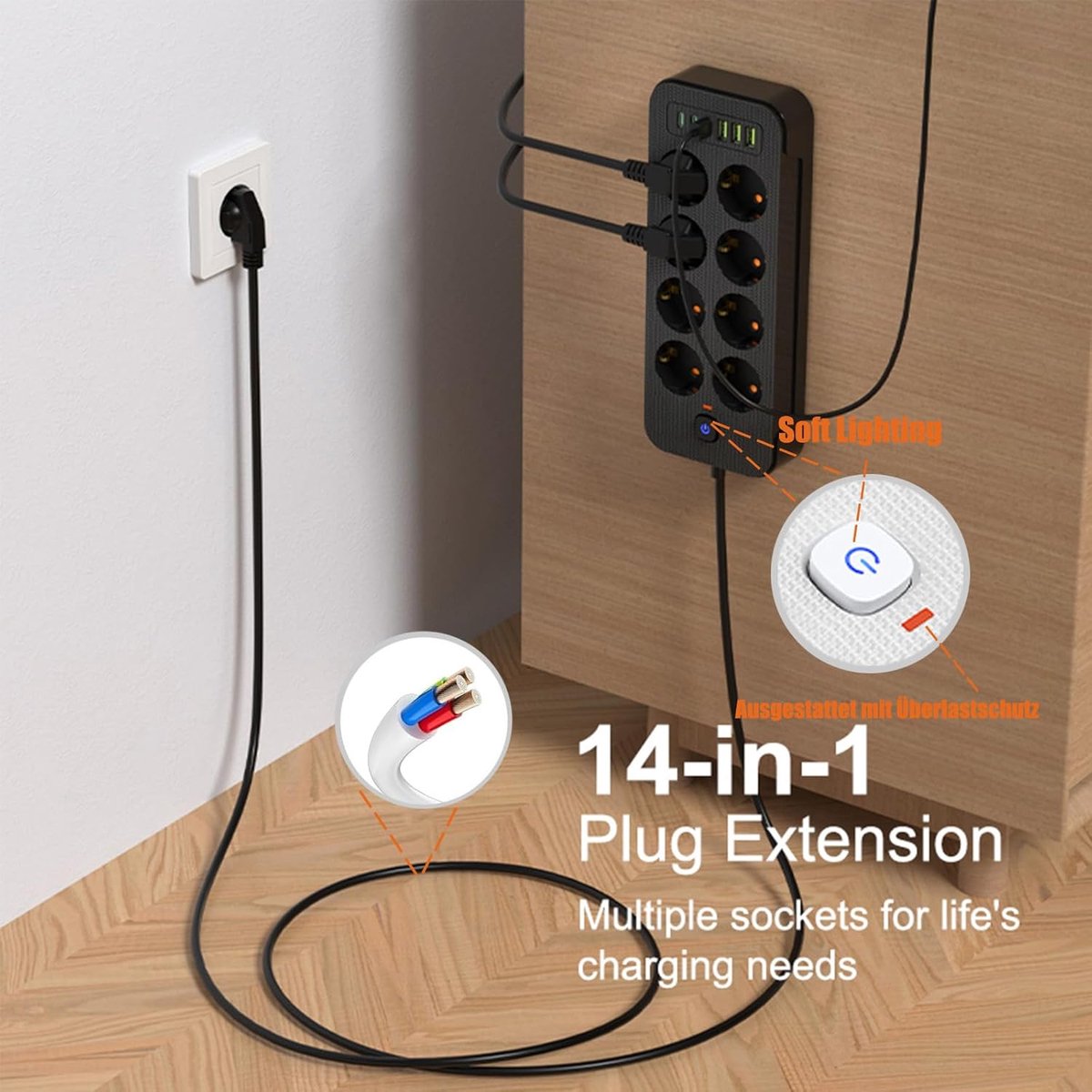Thijox - Stekkerdoos met Schakelaar en USB, 8-voudige Verlengkabel 2m, Meervoudige Stekker met Overspanningsbeveiliging, 3840W/16A, Zwart voor Thuis,