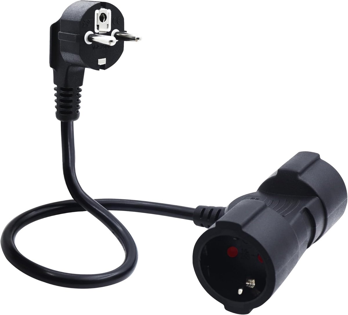 Thijox - Korte Schuko dubbele stekker 2-1 verlengkabel 0,5m, 16A, 250V, IP44 voor binnen en buiten, zwart, ideaal voor tuin en camping