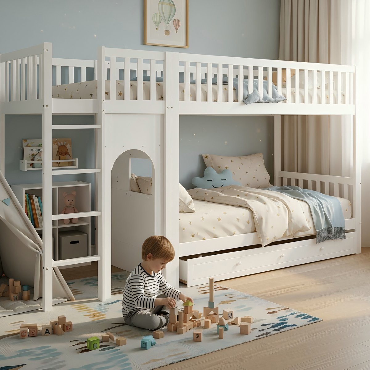 KOMHTOM - Stapelbed voor kinderen - Rechte ladder met vier treden - Grenen + MDF + multiplex - 90 x 200 cm wit