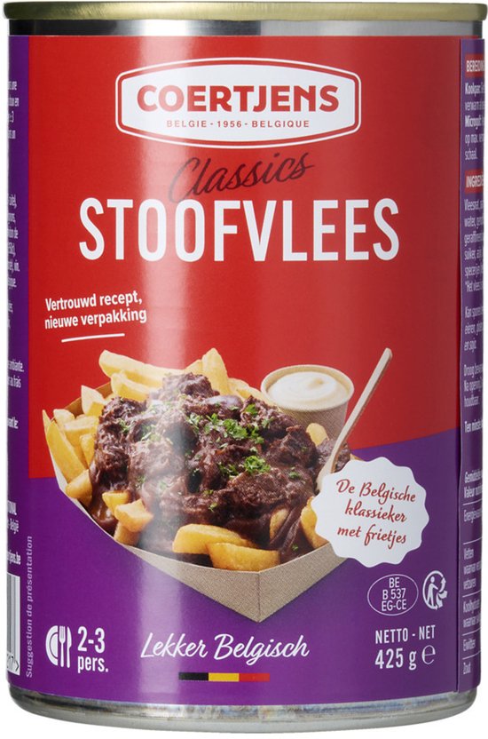Blik stoofvlees met frietjes en saus. "De Belgische klassieker met frietjes". 425g.