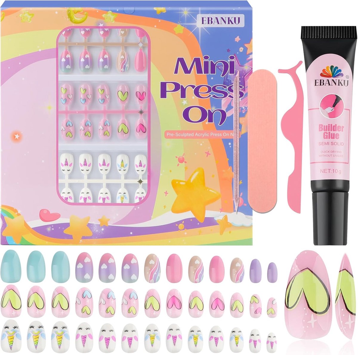 SnelShoppen - 78 Stuks Kindernagels Set voor Meisjes, Kunstnagels met Kleurrijke Hartpatronen, Inclusief Jelly Nagellijm & Nagel Builder Lijm, Perfect