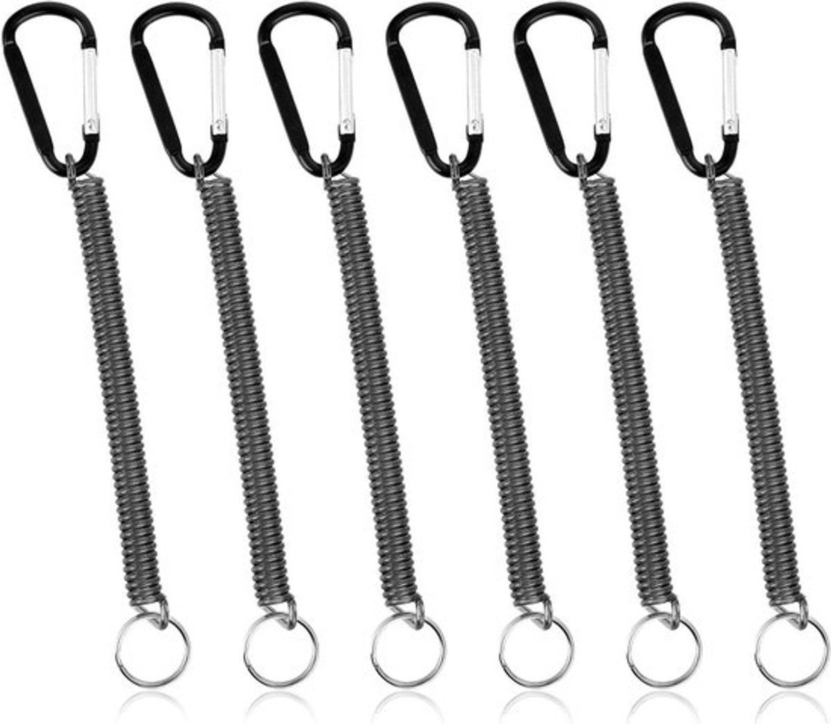 Zwarte coil springs sleutelhangers met spiraalkabel - 6 stuks