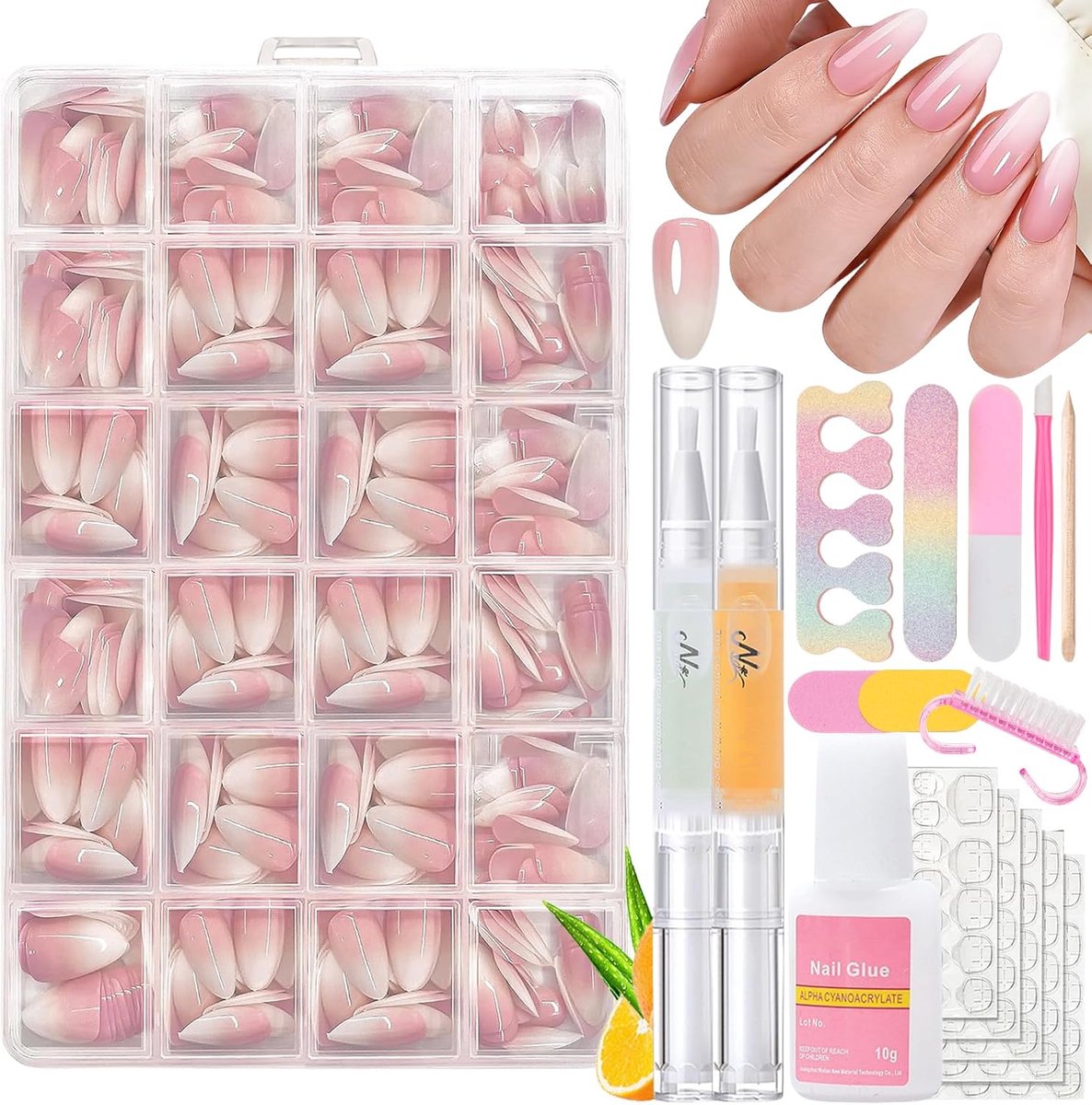 Thijox - Valse Nageltips Set - 360 Stuks Gradient Press-On Kunstnagels Alomond - Franse Look met Manicure Set - Roze-Wit Kleurverloop voor Feestelijke