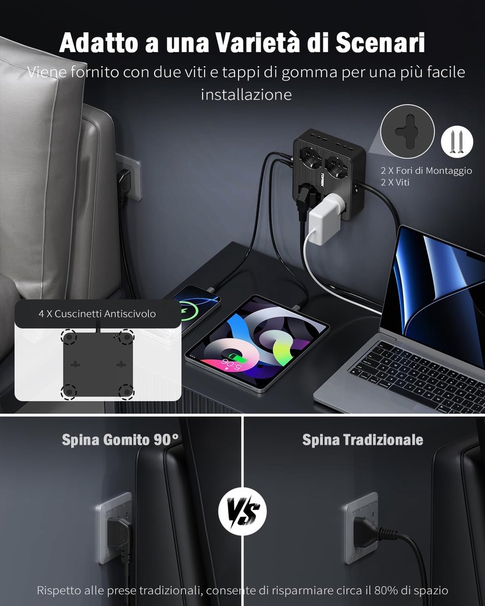 Thijox - Stekkerdoos met 8 universele stopcontacten ITA 10/16A, Schuko, 2 USB C (20W PD3.0 snelladen), 2 USB A, 5 meter kabel, 90° elleboogstekker, 40
