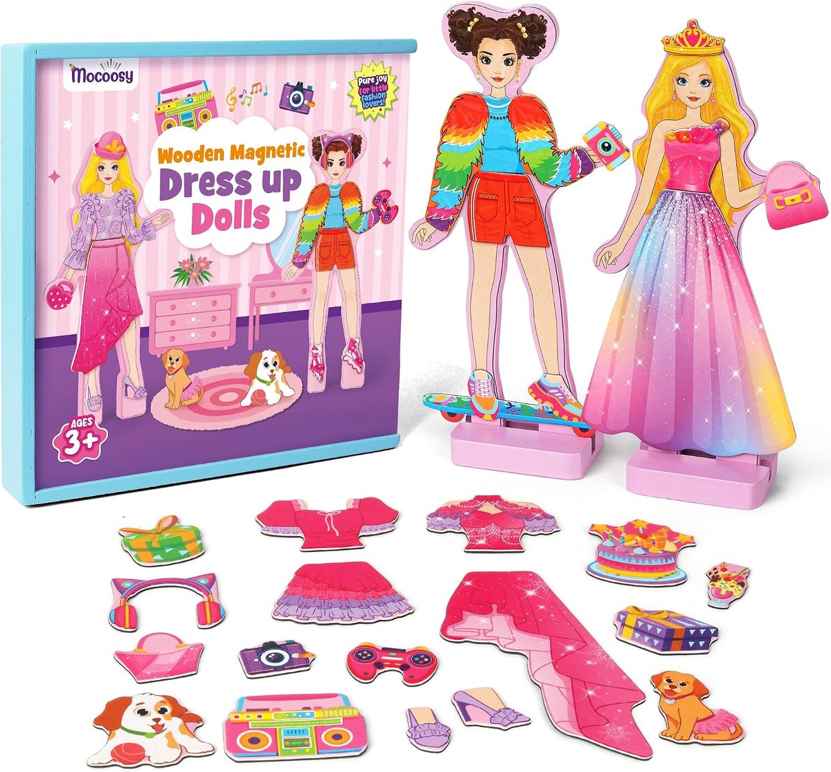 Thijox - Houten Magnetische Aankleedpoppen voor Meisjes - 2 Poppen, 16 Kledingstukken, 8 Schoenen, 35 Accessoires - Houten Speelgoed voor Peuters en K