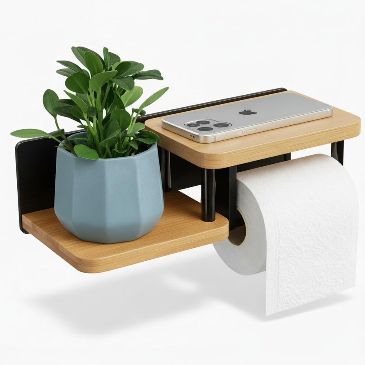 Thijox - Toiletpapierhouder met Plank, Stijlvolle WC-Papierhouder zonder Boren, Staal en Bamboe, Wandmontage, Zwart voor Keuken en Badkamer