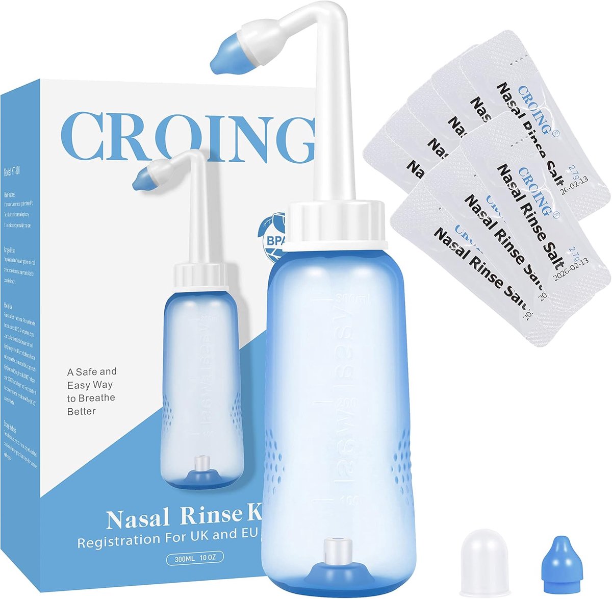 Thijox - Neusdouche Set 80 x Zout + 1 x Neusdouchefles (300 ml) - Neti Pot voor Neusspoeling en Sinus Rinse, Ideaal voor Allergieën en Verstopte Neus
