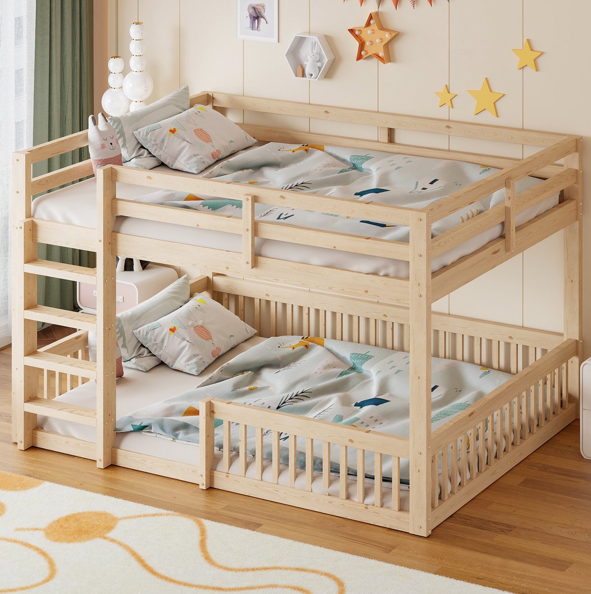 OKWISH Stapelbed 160x200 cm - Met Uitvalbeveiliging en Ladder - Laag Ontwerp voor Kinderkamer - Massief Grenenhout en MDF - Zonder Matras - Naturel