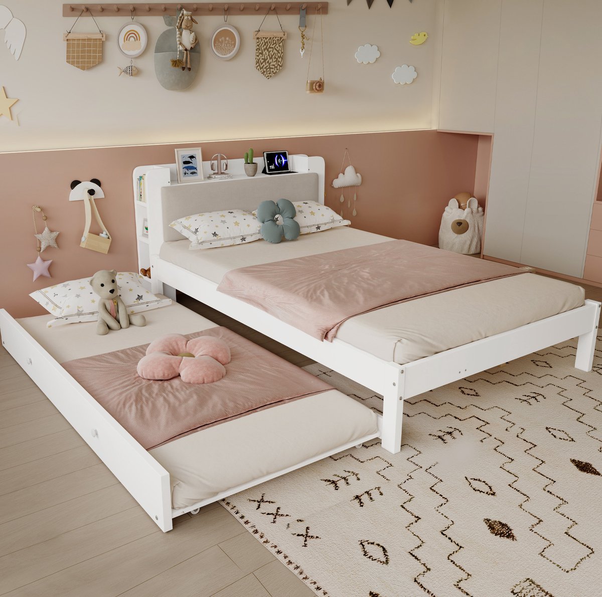 OKWISH Functioneel Bed 120x200 cm - Met Uittrekbed 90x190 cm en Oplaadstation - Hoofdbord Met Opbergruimte - Zonder Matras - Wit