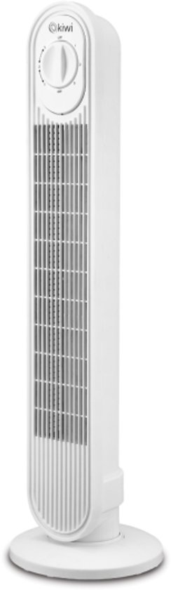 Witte torenventilator met ronde voet, op een witte achtergrond.