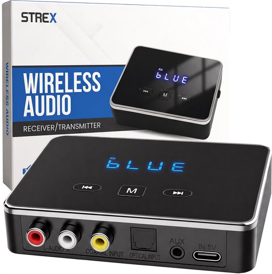 Zwarte Strex Bluetooth audio adapter en de verpakking met 'WIRELESS AUDIO' erop.