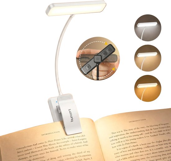 Wit clip-on lampje met flexibele hals verlicht een open boek, met controle-opties.