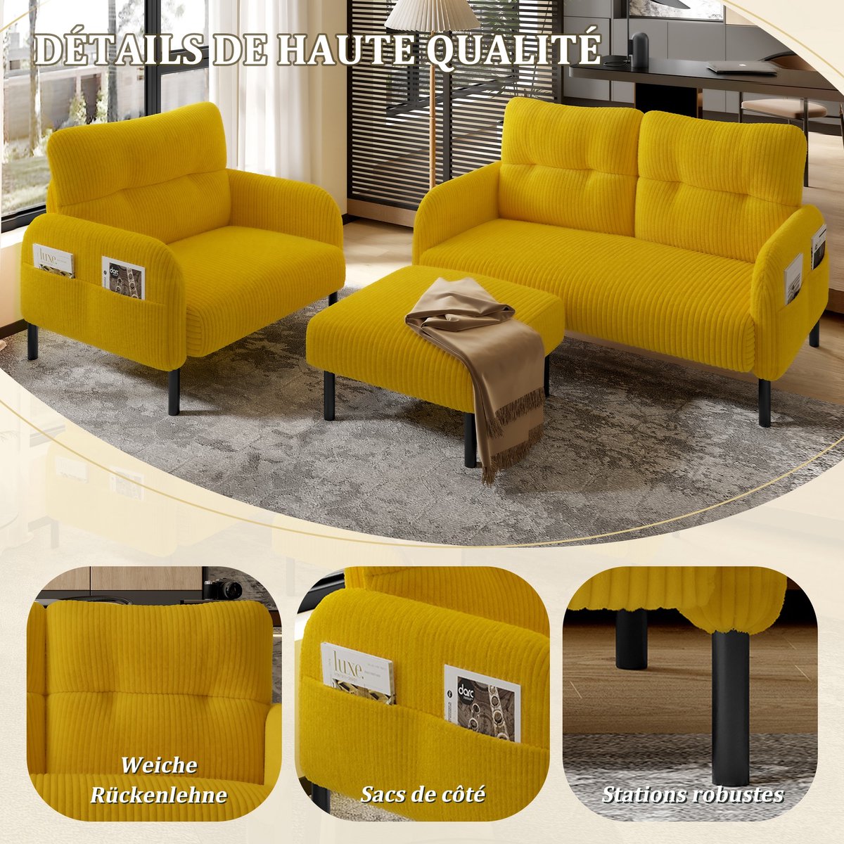 YYchan modulaire bank met hocker - geel - 120 x 75 x 79 cm