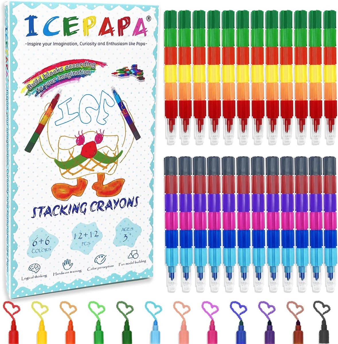 Stapelkrijt voor Kinderen - 24 Stuks in 12 Kleuren - Creatief Cadeau voor Verjaardagen en Feestjes