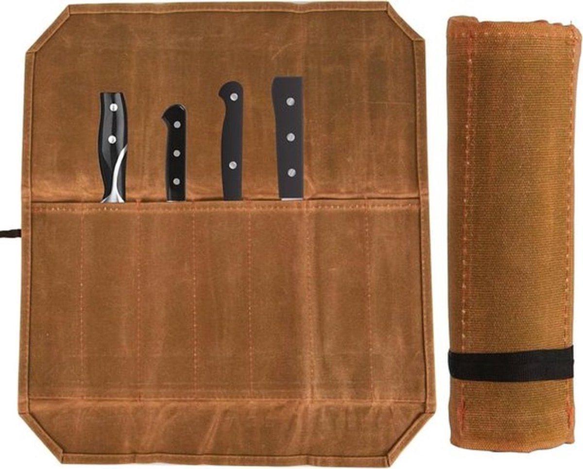 - Messenroltas - Draagbaar - 7 Sleuven - Canvas - Koksmestas - Thuis Kamperen Picknick - Chef-Koks - Kookliefhebbers - Kaki.
